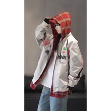 黑迟假两件格子外套男款春秋短款机车夹克cleanfit连帽情侣棒球服