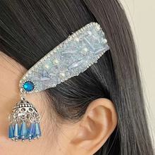 新款新中式银玲摇曳蒙古民族风闪锆发夹高级感流苏侧边夹发饰