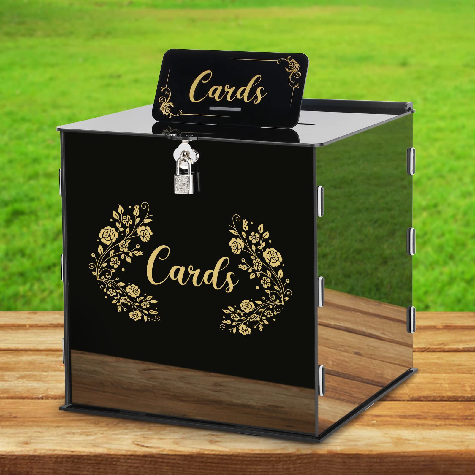 跨境亚克力婚礼卡片盒婚庆收集信封祝福语黑色拆装花环图案展示盒