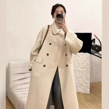 2024秋冬新款娃娃领双排扣宽松过膝双面羊绒中长款加厚大衣外套女