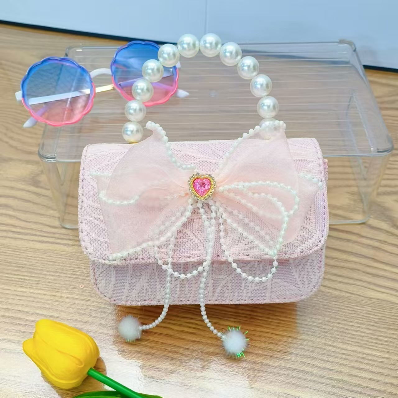 Bolso de princesa con lazo Bolso de perla Bolso de mensajero de cadena Bolso de hombro para niñas Bolso de niño con fragancia pequeña Bolso de accesorios
