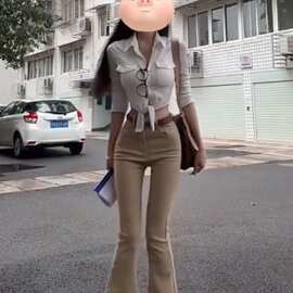 美式复古微喇牛仔裤女春季新款高腰修身显卡其色百搭阔腿拖地裤