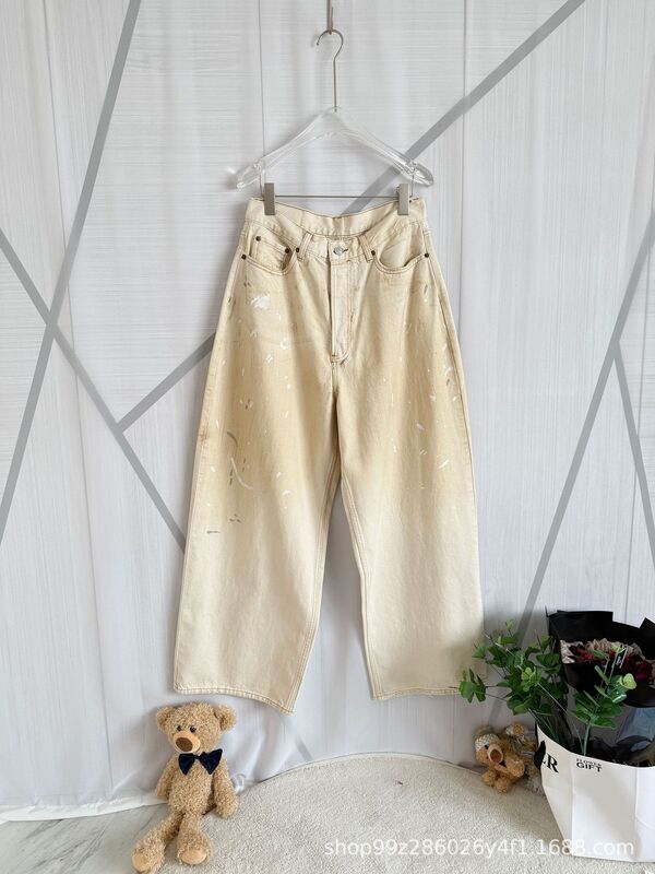 Nanyou 品質 25SS レトロなダメージ加工レザーポケットステッチリベットルーズワイドレッグダーティージーンズカップルスタイル|undefined