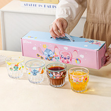 新款史迪仔玻璃杯家用水杯卡通高颜值竖纹双节杯女生办公室喝水杯