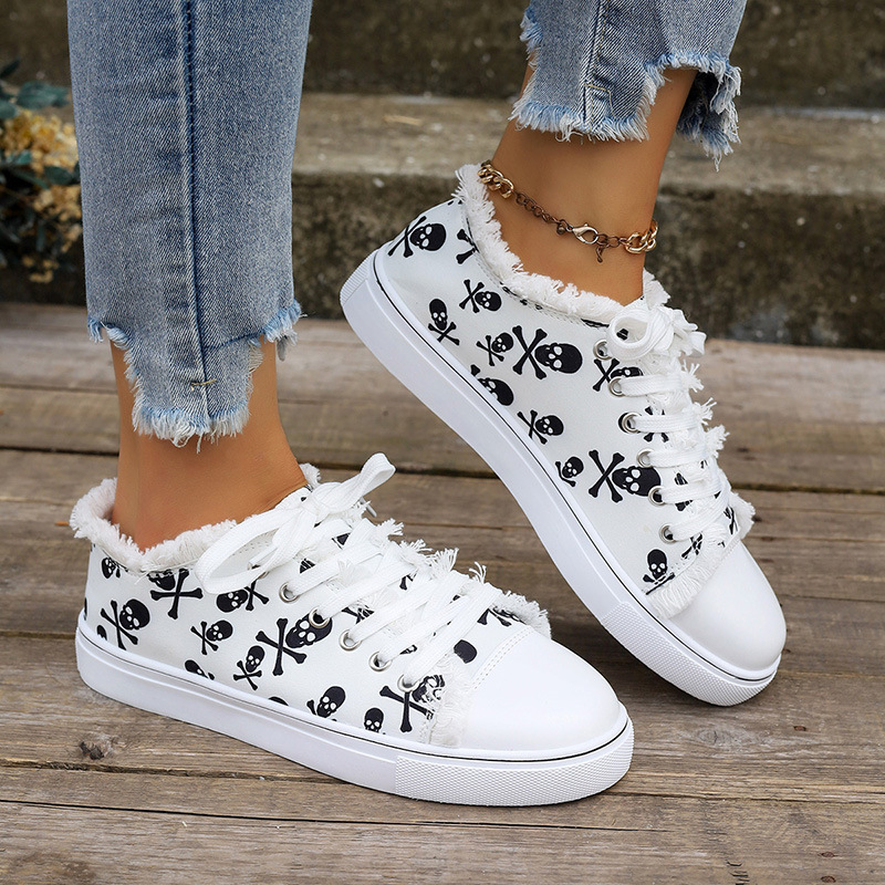 Damskie płócienne buty na Halloween we wzór czaszki, niski krój, okrągłe noski, antypoślizgowe, sznurowane z surowymi krawędziami, wygodne buty outdoorowe_voghion.com