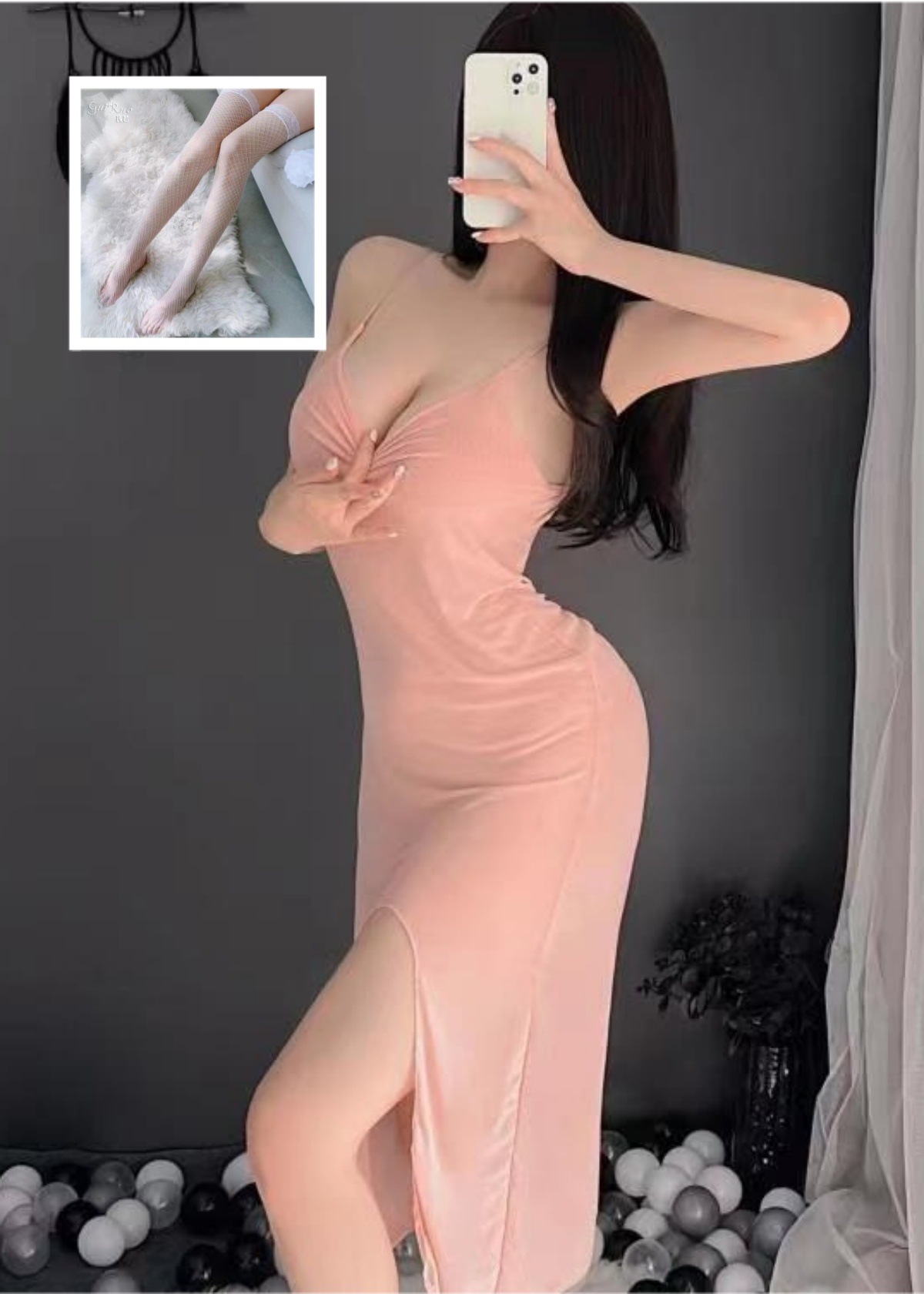 스킨 컬러 (롱 스커트 + T 바지) + 화이트 망사 스타킹