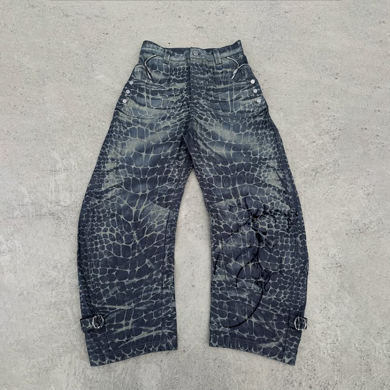 Diznew Custom High Street Crocodile Embossed Vintage-Style Denim Pants for Men, Personalized Wide-Leg Pants Diznew Custom High Street Crocodile Embossed Vintage-Style Denim Pants for Men, Personalized Wide-Leg Pants
