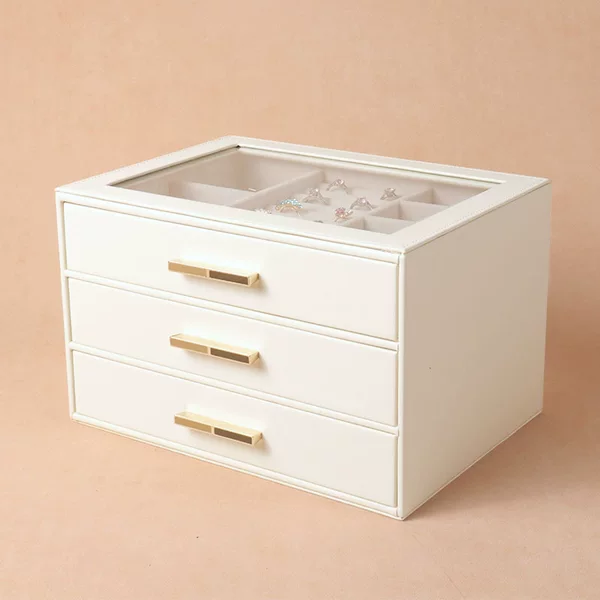 Cross-border PU three-layer drawer glass skylight storage box necklace earrings earrings exquisite jewelry box gold jewelry box