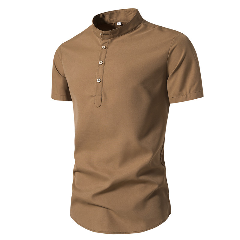 2023 caliente verano color sólido collar de pie camisa casual de los hombres de manga corta camisa de comercio exterior jersey de los hombres top ropa de los hombres