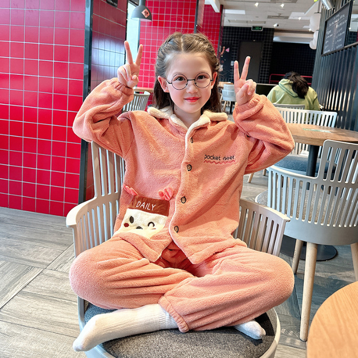 (2개) 새로운 어린이 잠옷 소년과 소녀 섬 벨벳 카디건 두꺼운 플란넬 세트 따뜻한 가정 옷
