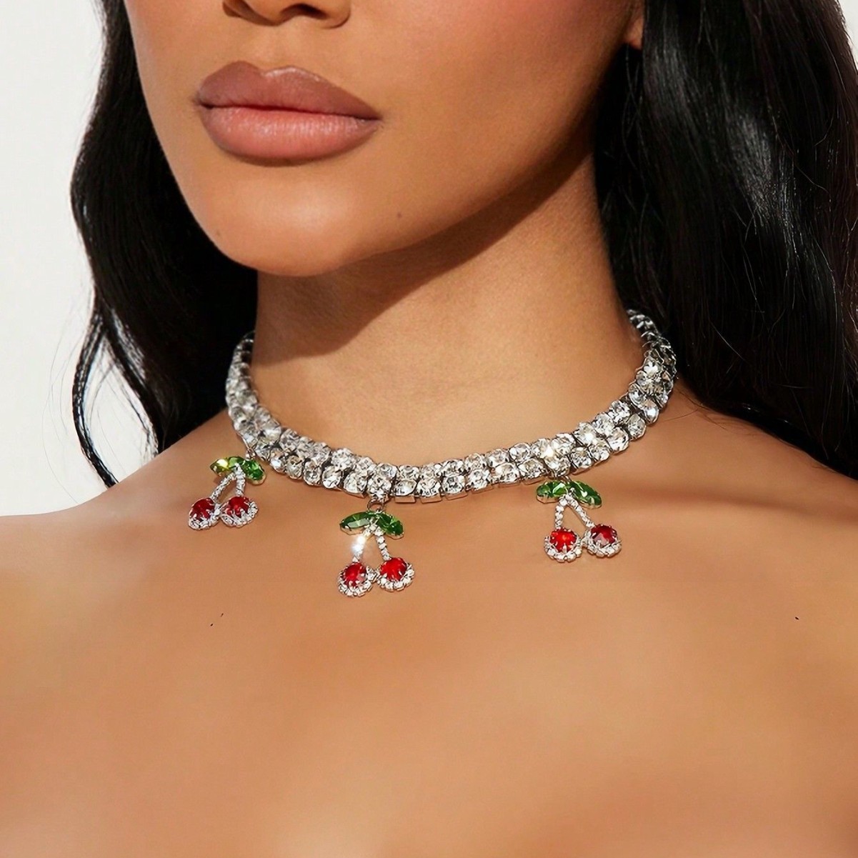fashion sweet cherry pastoral style necklace shiny rhinestone simple versatile trend necklace women_voghion.com