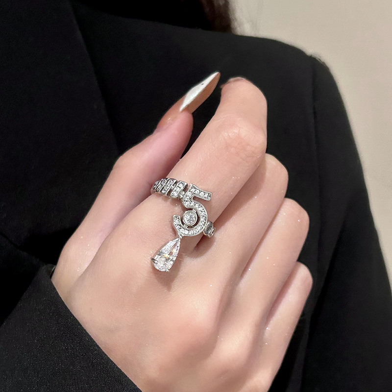 Super Sparkling Zircon Digital Water Drop Open Ring For Women, Niche Versatile Design, Index Finger Ring, Fashionable_voghion.com