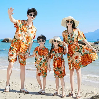 2025新款母女亲子装一家四口夏季全家装沙滩衬衣套装母女裙子中长