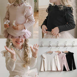 女童打底衫秋2025草莓珊韩国儿童女孩洋气木耳领菲边弹力长袖T恤