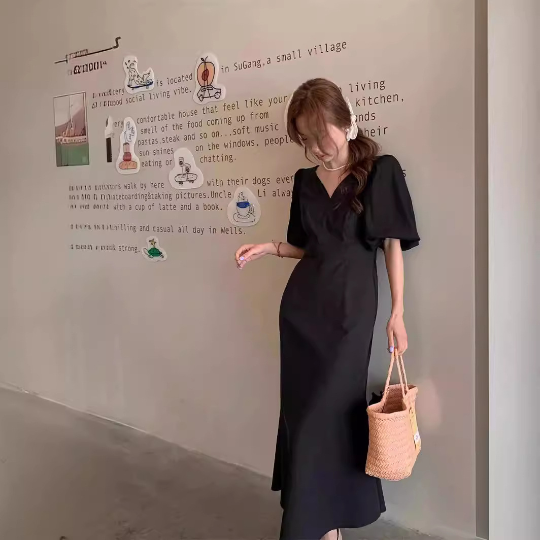 2024年夏季新款韩国V领连衣裙网纱泡泡袖系带收腰显瘦长裙XL-300