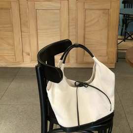 2024韩国拼接帆布托特包女单肩手提包大容量通勤包腋下包欧美复古