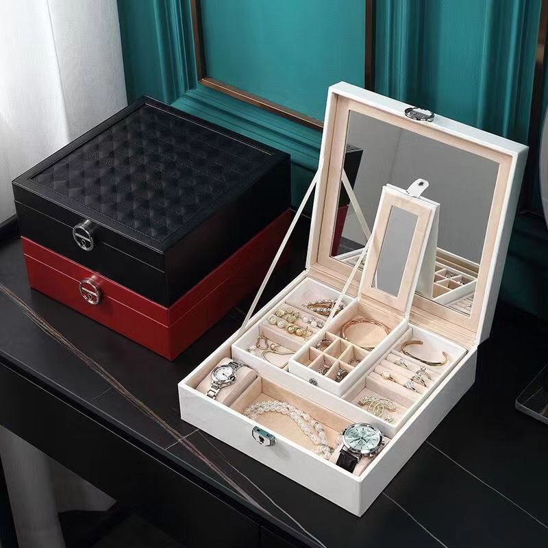 Diamond Pattern Jewelry Box Large Capacity Single Layer Jewelry Storage Box with Mirror Bracelet Earrings Necklace Watch Storage Box