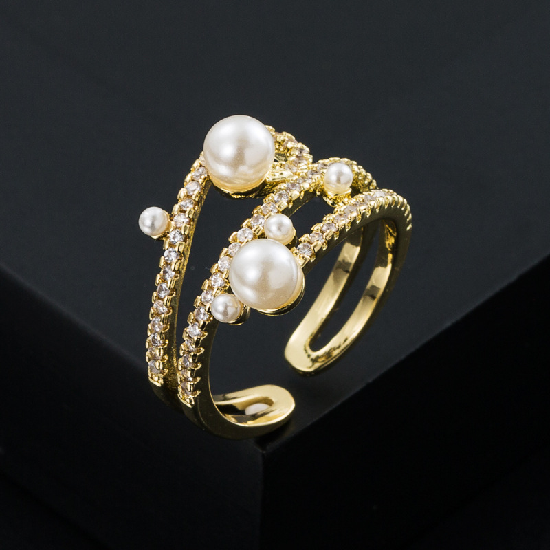 European And American Fashion Copper-plated Gold-plated Micro-inlaid Zircon Eyes Pearl Ring display picture 5