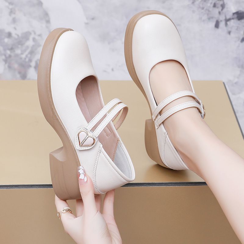 2025 Spring New Women's Shoes Soft Sole Soft Leather Mary Jane Shoes Korean Style Single Shoes Fashion French Pumps Leather Shoes Thick Heels