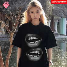 Funny Lips Print T-shirt Women's Summer 2025 New 100