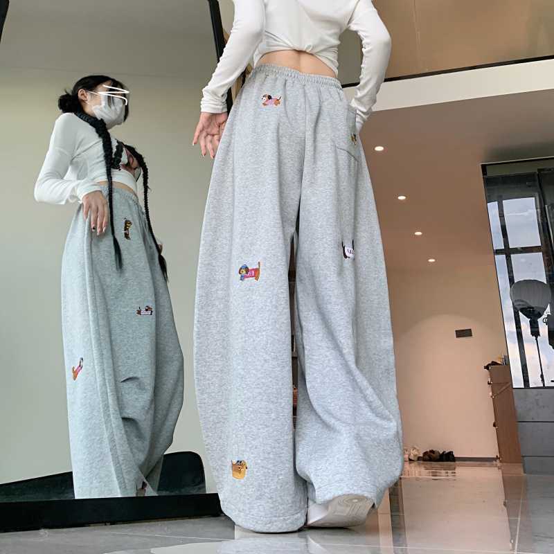 2025韩版美式腊肠狗刺绣弯刀卫裤女宽松慵懒风垂坠感阔腿休闲裤子|undefined