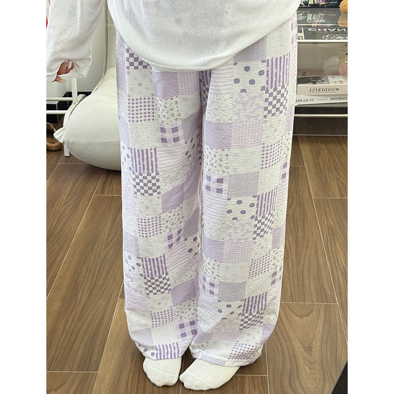 Purple Floral Patchwork Plaid Pajama Pants 2026 Summer Thin Sweet Loose Wide-Leg Pants Casual Walking Long Pants
