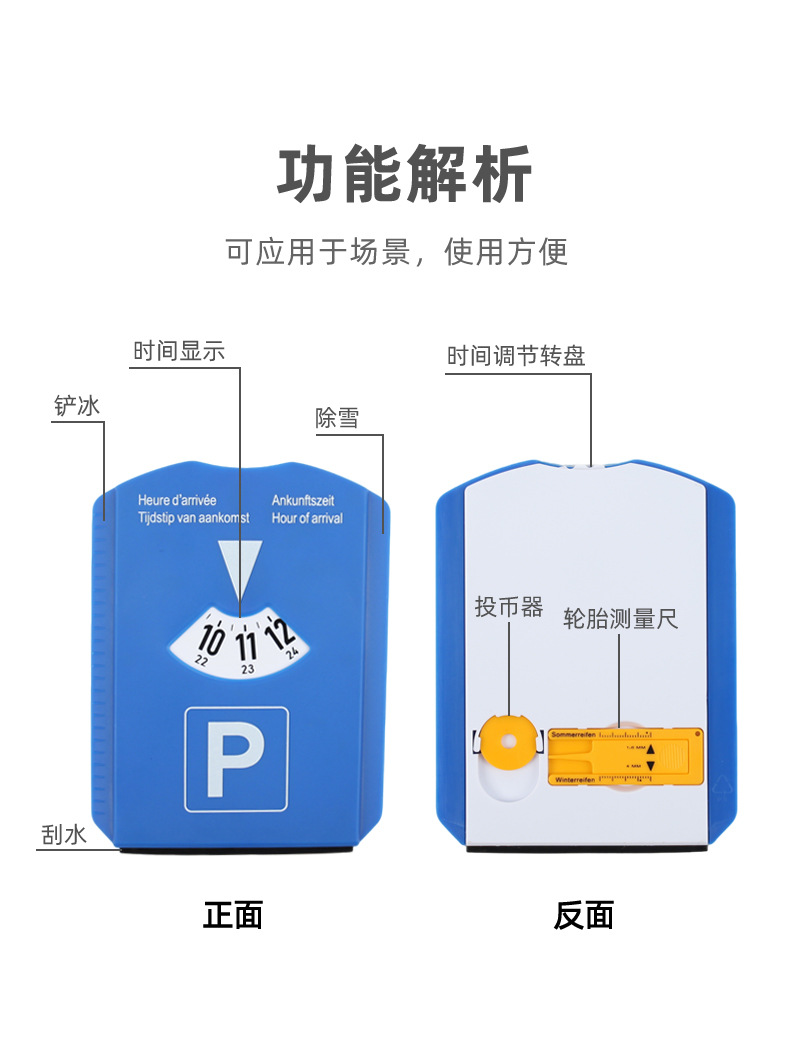 Temporary Parking Sign for Cars, Popular in Europe, Includes Snow Shovel, Water Scraper, Euro Coin, Tire Tread Gauge, and Parking Timer