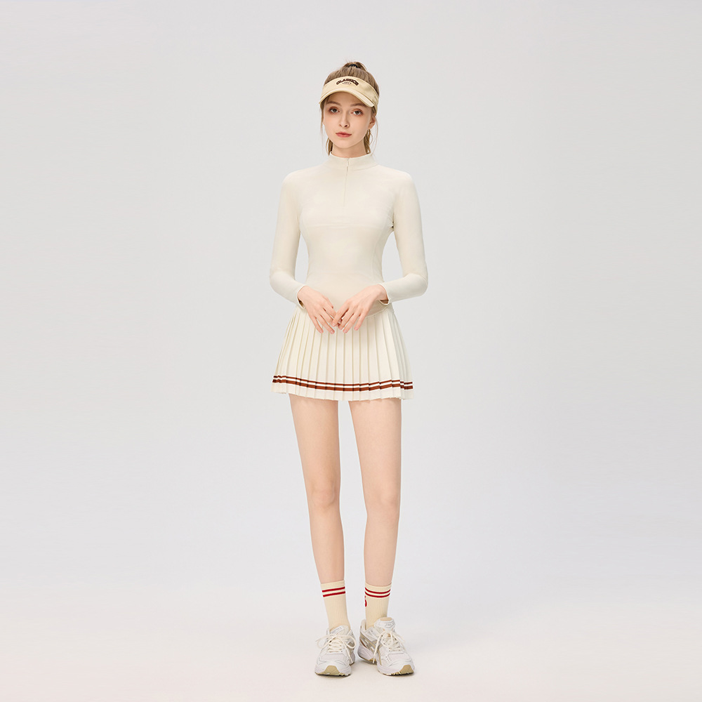 Traje de tenis deportivo delgado y delgado, vestido corto de manga larga, cremallera, camiseta de cuello alto, ropa de tenis de dos piezas.