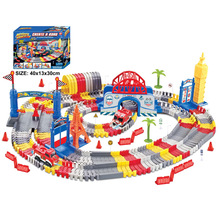 直銷電動軌道車玩具 夜光汽車闖關大冒險雙軌道賽車場景拼裝積木