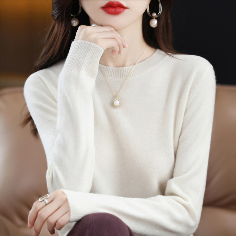 Nuevo otoño temprano cuello redondo 100 suéter de lana de las mujeres de moda simple flojo adelgazar punto manga larga que basa la camisa suéter de las mujeres