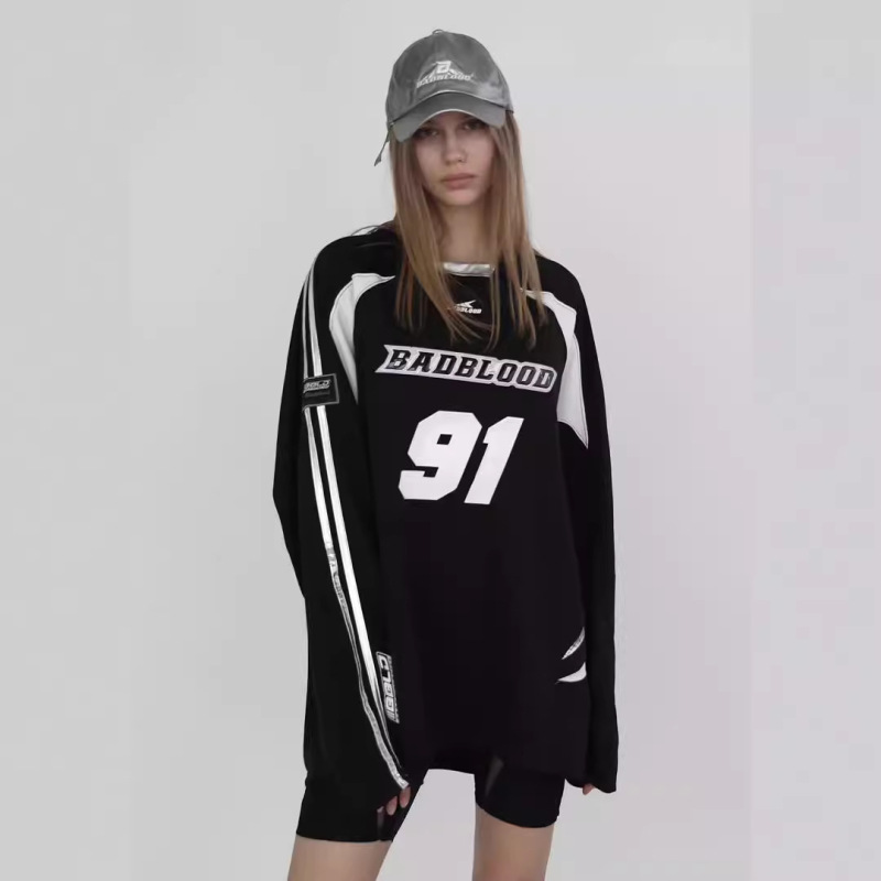 badblood Jersey loose casual sports hot girl embroidered patch stitching mesh long sleeve T-shirt ins men and women fashion
