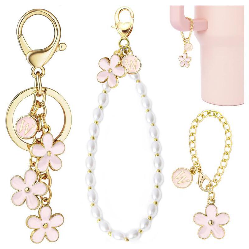 3 Letter Initial Key Chain Cute Pink Flower Key Chain Car Bag Wallet Backpack Stanley Pendant