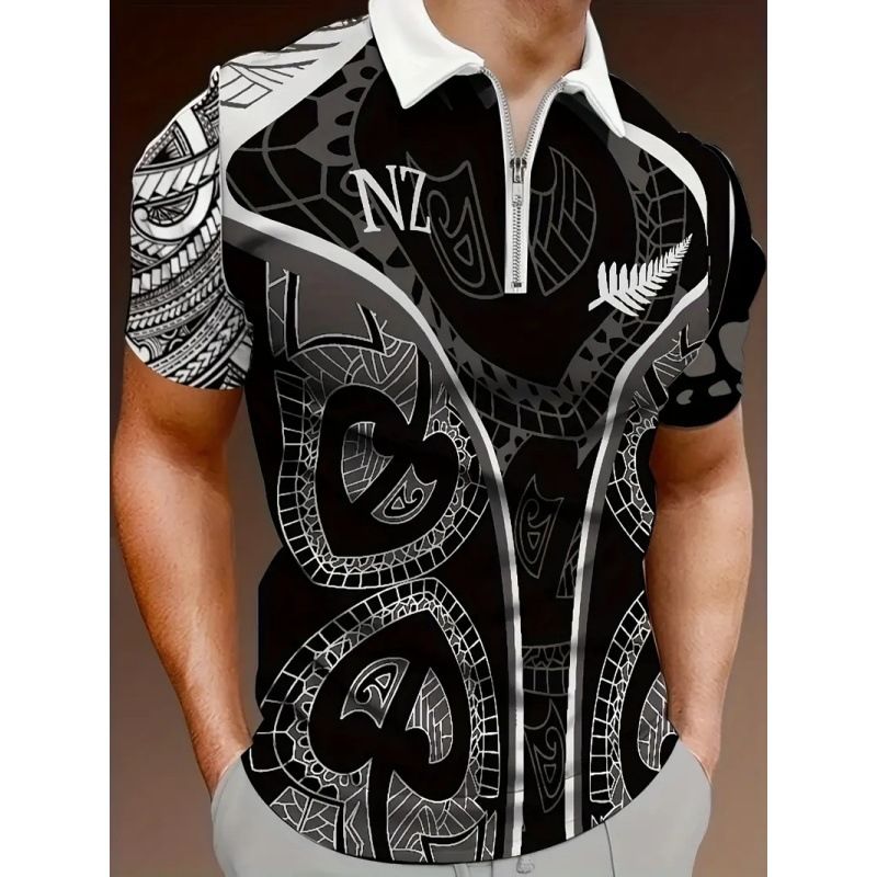 Venta caliente transfronteriza europea y americana retro 3D impresión digital para hombres malla suelta transpirable polo camisa POLO con cremallera