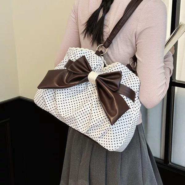 2026 Spring New Vintage Polka Dot Large Capacity Bow Lace Versatile Commuting Underarm Vintage Shoulder Bag
