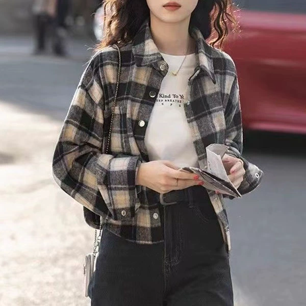 Ретро шлифовальный пушистый свободный короткий пиджак 2024 весной новый маленький человек в клетку с короткими рубашками с длинными рукавами