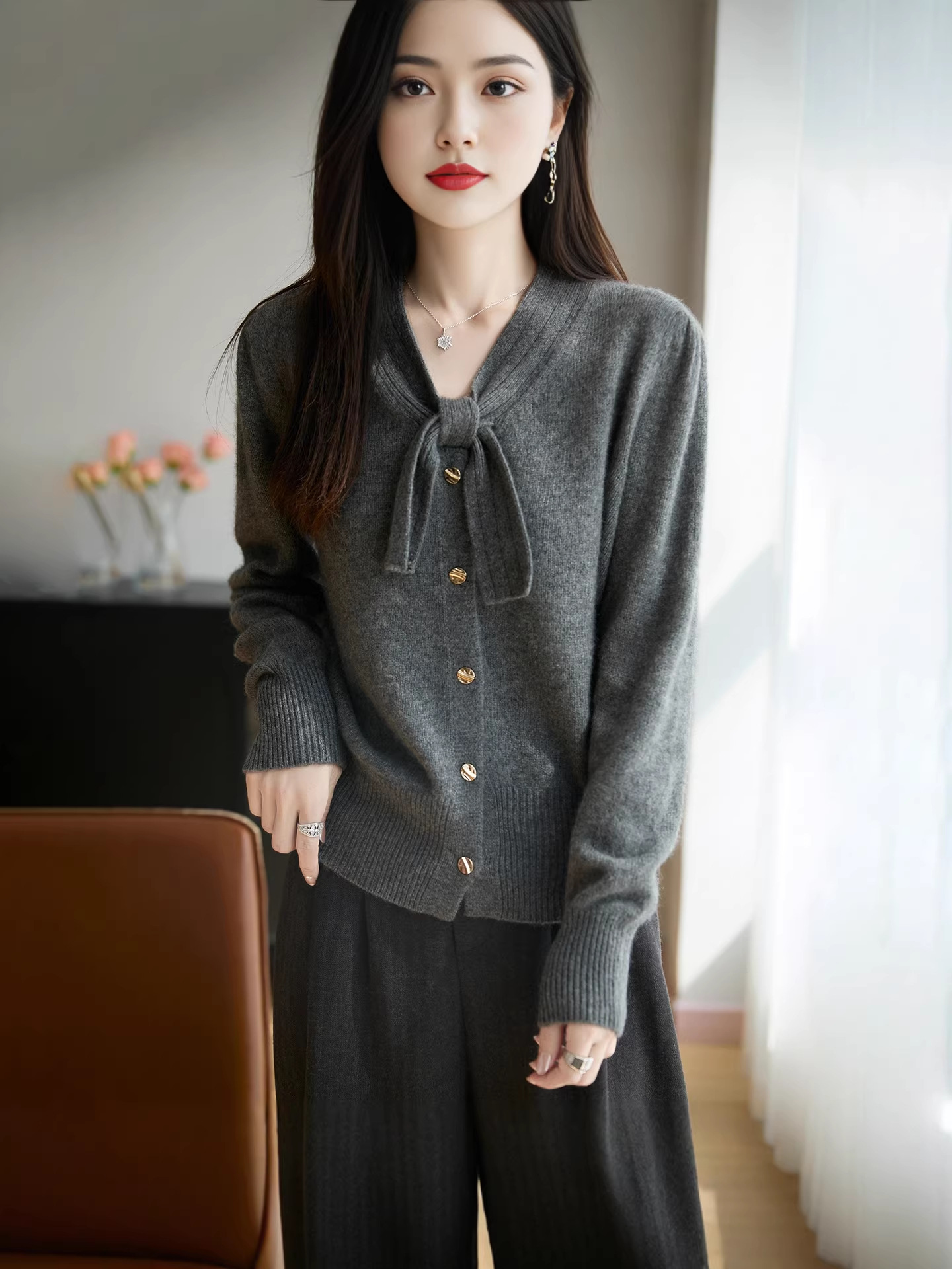 Áo cardigan nữ tay dài nơ bướm dáng rộng — màu xám