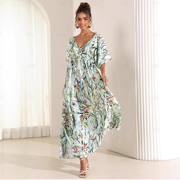 2024 neues mittellanges Kleid mit Blumendruck und V-Ausschnitt, kurzen Ärmeln für Damen_voghion.com