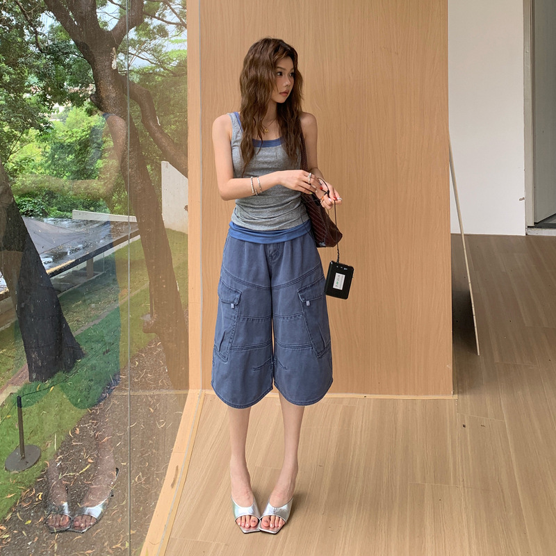 2026& American Retro Loose Wide-Leg Pants Versatile Multi-Pocket Workwear Cropped Jeans for Women Summer New Style