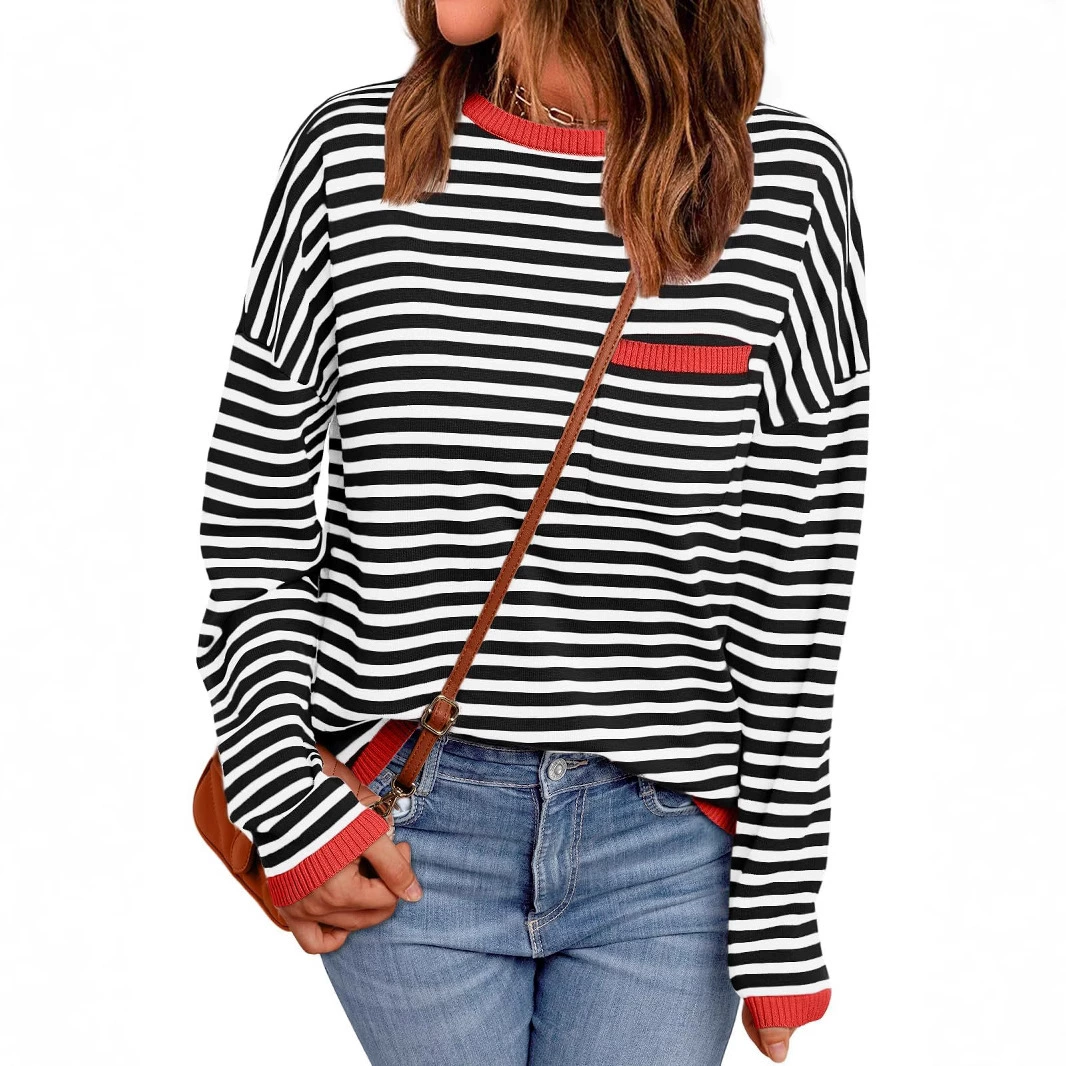 Самые популярные свободные повседневные осенне-зимние новые контрастные полосатые европейские и американские трансграничные топы с длинными рукавами, женские карманы