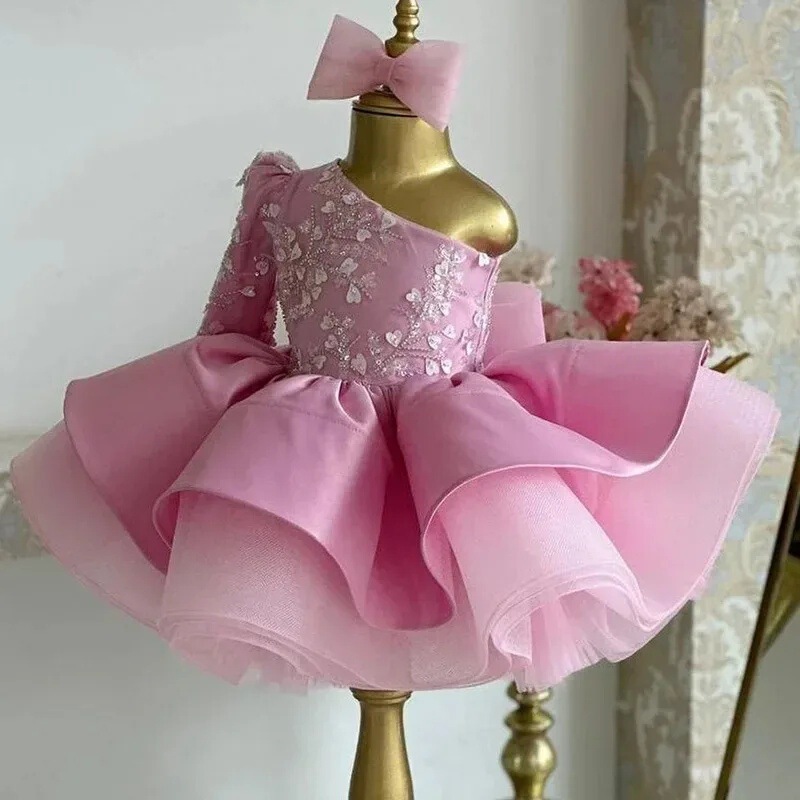 Pink Flower Girl Dresses for Wedding One Shoulder Lace Appliques Girls Kids Birthday Party First Communion Gowns