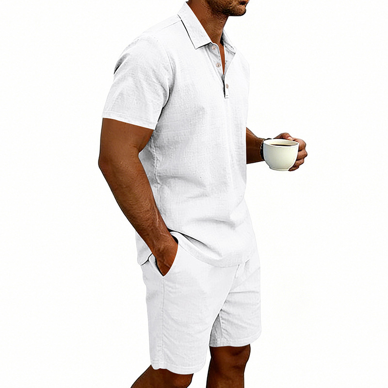 Ensemble polo et short de plage décontractés en lin, style américain, pour homme, idéal pour l'été, les vacances et les trajets quotidiens. Grandes tailles disponibles. Coupe ample. Polo à revers simple et coupe simple._voghion.com
