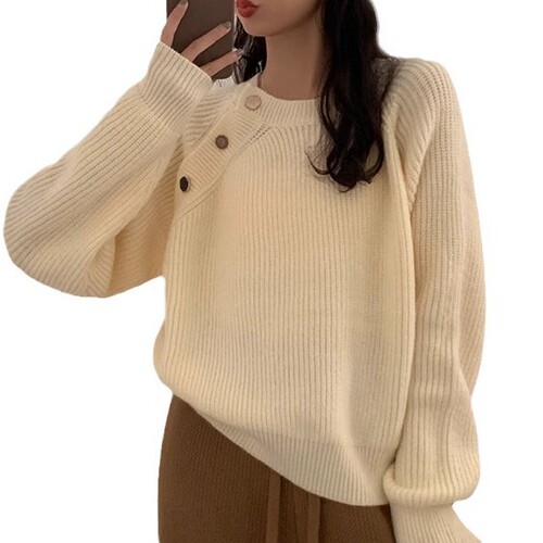 2024 Vintage Purple Petite Women's Hooded Sweater for Autumn/Winter Korean Style with Diagonal Button Design, Charming and Unique Knit Top
