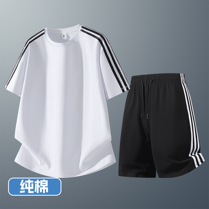 2026 신상 세 줄 막대 세트 조표 순면 반소매 반바지 세트 청소년 세 줄 막대