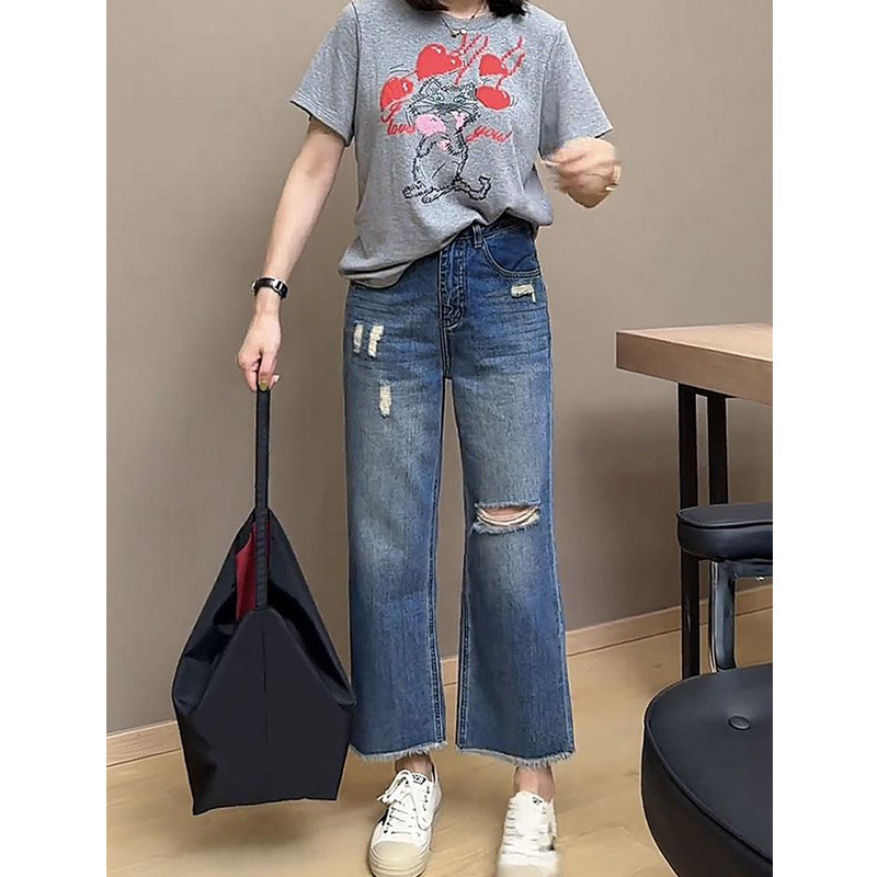 时尚磨破八分直筒牛仔裤女夏季新款时尚百搭显瘦毛边阔腿直筒牛仔|undefined