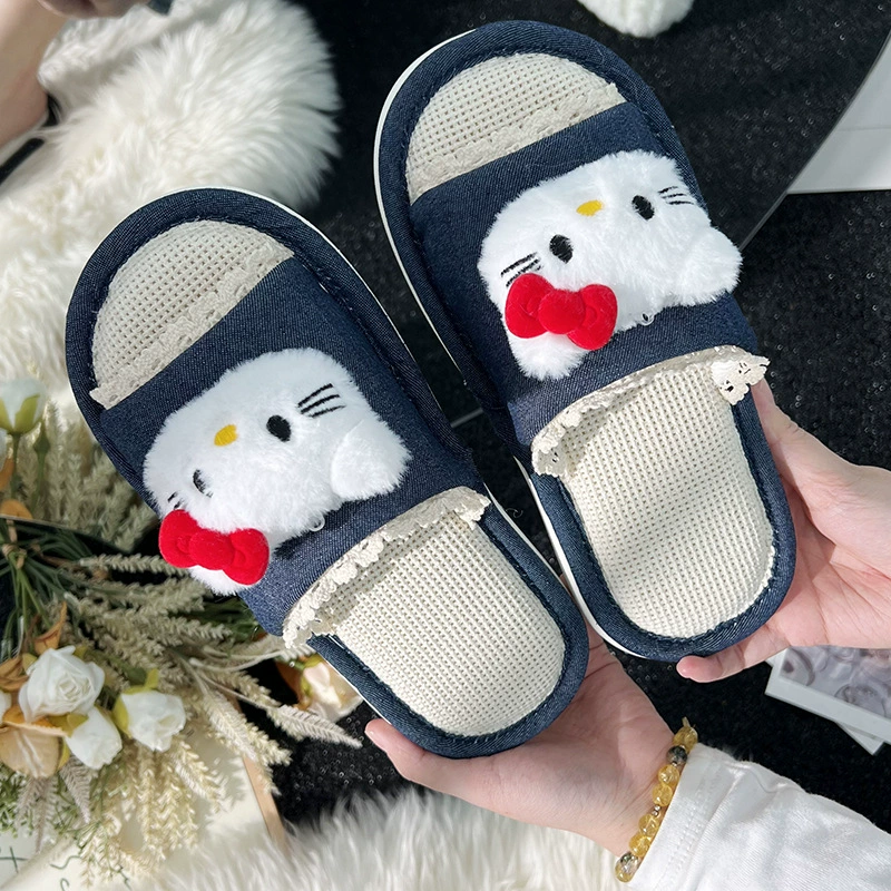 Милые женские тапочки из денима и льна с мультяшным котом для весны и лета, для дома и улицы, нескользящие, дышащие, всесезонные, повседневные