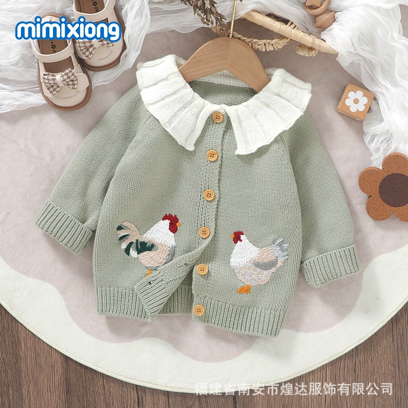 INS хит продаж, осенне-зимний новый стиль, милый вязаный жакет с вышивкой цыпленка для малышей, универсальный топ для маленьких девочек