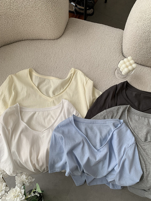 Omalai リラックススノーフレークテクスチャカールVネック半袖ルーズTシャツトップスルーズスリミング無地4103|undefined