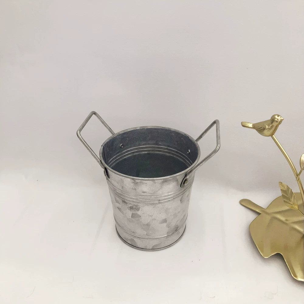Готовый к отправке оцинкованный железный вазон с двумя ручками, винтажный состаренный садовый железный ведрообразный горшок для декора дома