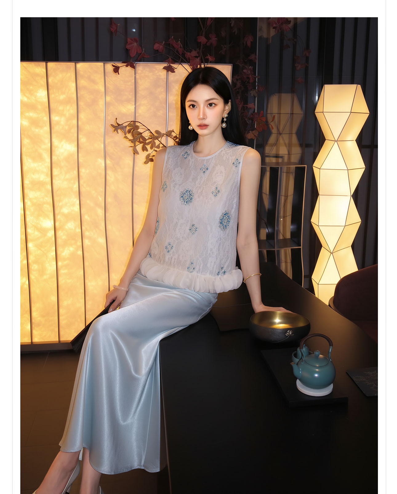 Bộ áo gile đính cườm thêu hoa cách tân + chân váy trơn thanh lịch nữ — bộ đồ, Trang chủ, Màu xanh nửa váy chi tiết 5