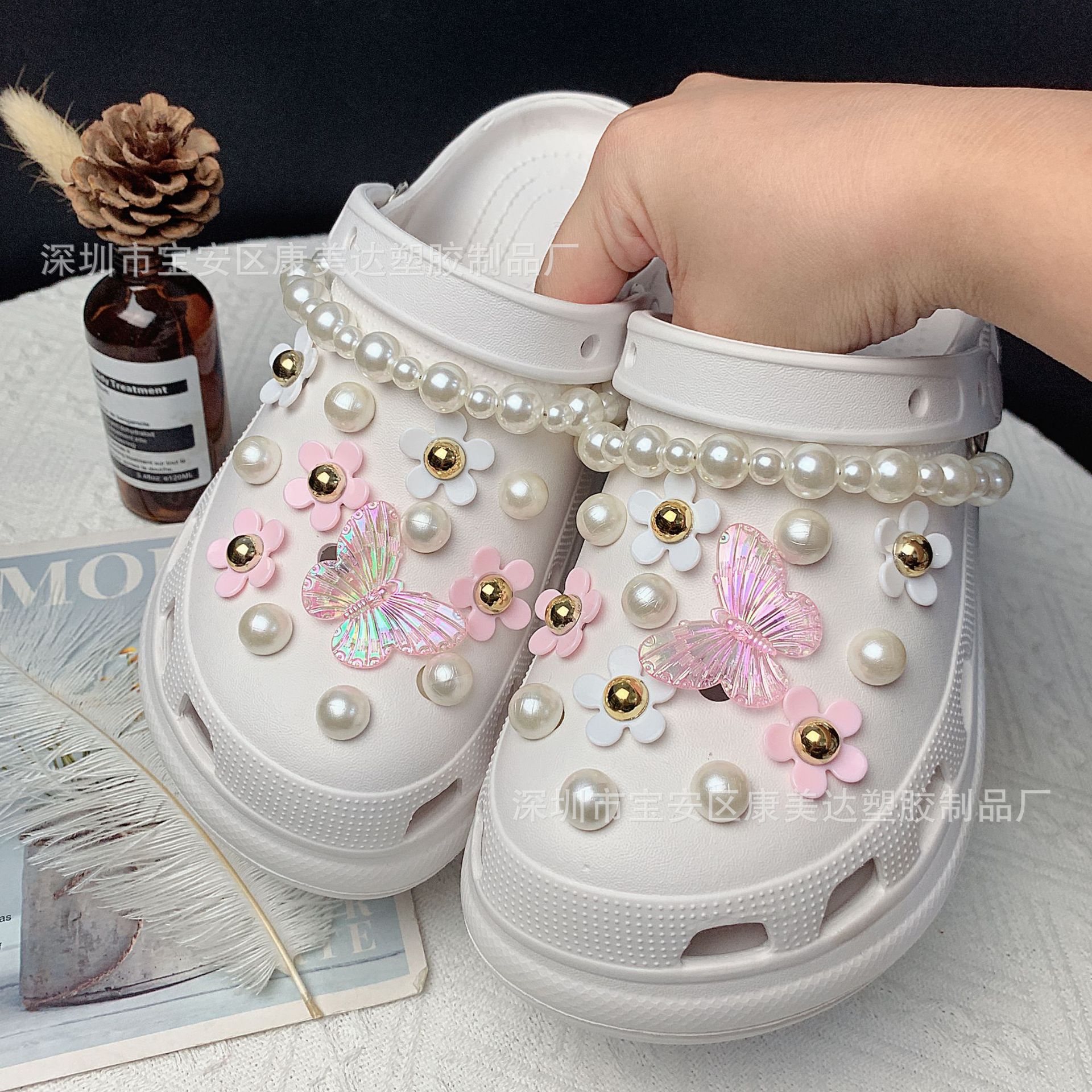 K129-Pink 나비 핑크 다섯 잎 꽃 크기 구슬 체인 (신발 제외)